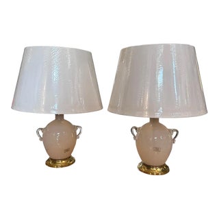 Two 1970s Hollywood Regency Light Pink Murano Glass Table Lamps by Tommaso Barbi For Sale