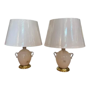 Two 1970s Hollywood Regency Light Pink Murano Glass Table Lamps by Tommaso Barbi
