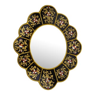 Late 20th Century Handcrafted Hand Painted Peruvian Cajamarca Floral Reverse Painting on Glass Mirror Wall Decor For Sale