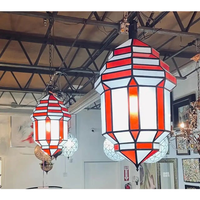 Art Deco 1990s Art Deco-Style White Milk & Red Glass & Bronze Chandelier, Pendant or Lantern For Sale - Image 3 of 18
