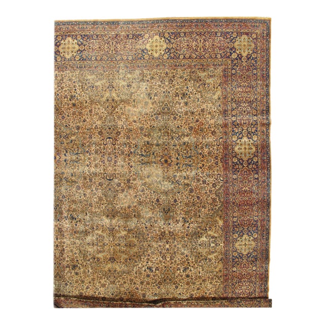 Antique Persian Kerman Carpet, Oriental Rug, Handmade, Ivory, Gold, Blue, Soft For Sale