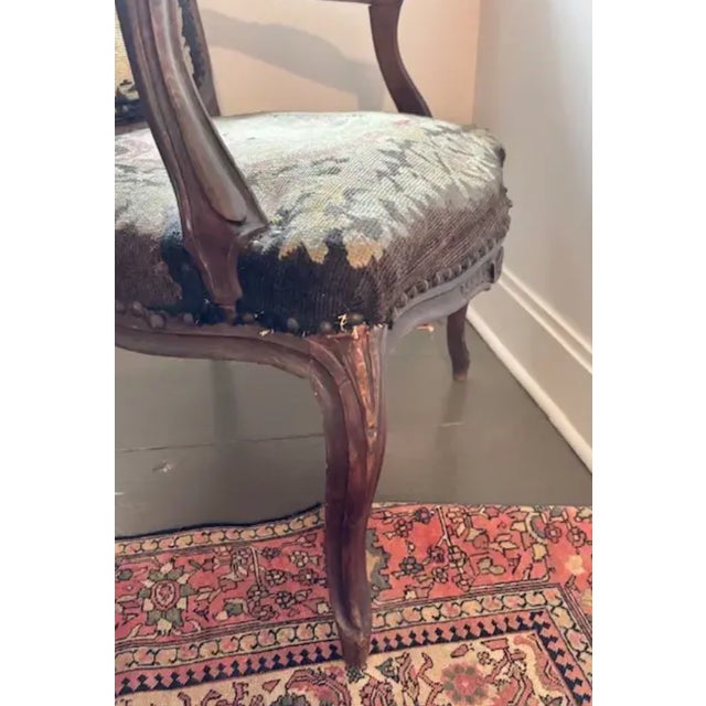 Chocolate Antique 19th Century French Louis XV Needlepoint Bergere, Fauteuil Chair With Bird and Dog Motif and Velvet Back For Sale - Image 8 of 10