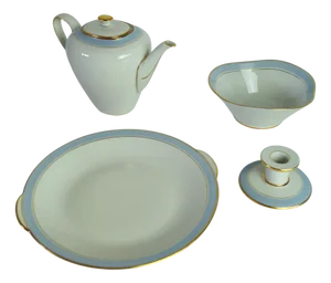 Light Blue and Off-White Porcelain Service with Gilded Banding, 1950s, Set of 4
