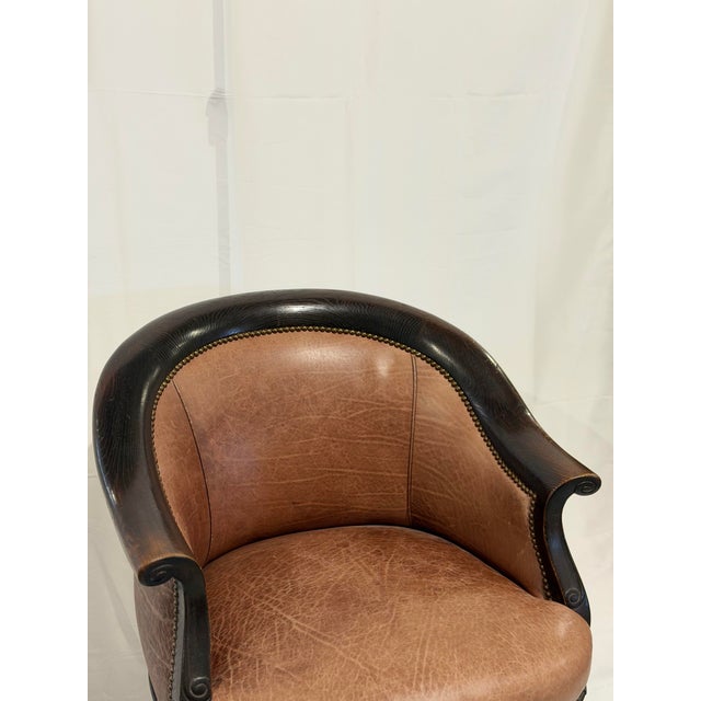 Wood Vintage Leather Barrel Back Accent Chair With Carved Wood Frame For Sale - Image 7 of 8
