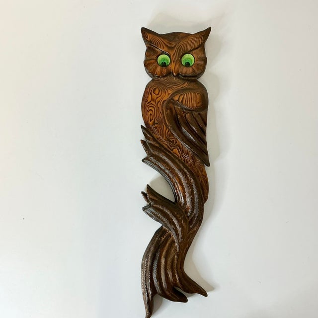 Mid-Century Boho Chic Arts & Crafts Folk Art Hand Carved Wood Owl on Branch Sculptural Wall Object For Sale - Image 15 of 18