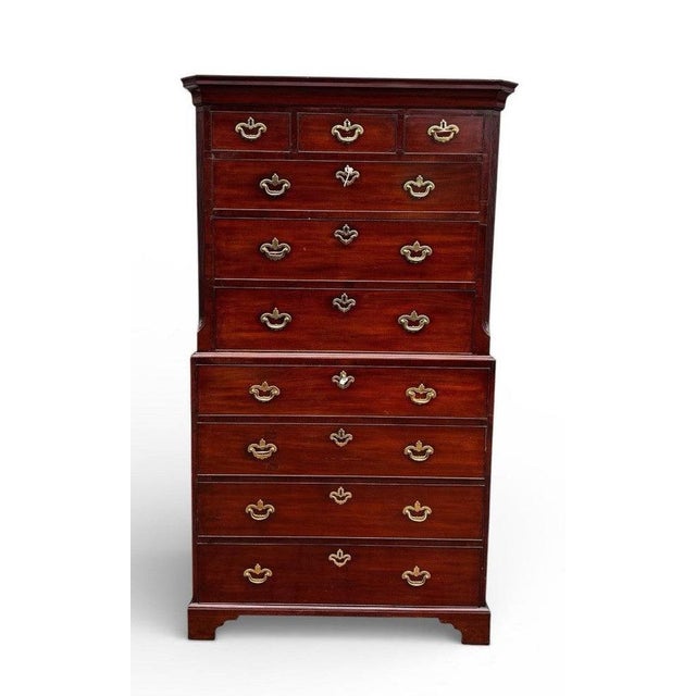 A Stunning English George II Mahogany Chest On Chest with Secretaire Desk, Original Handles. Nice Proportions Splits in 2...