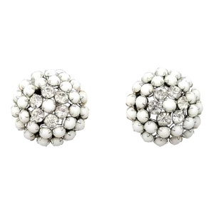 Vintage 1950s Signed Kramer Rhodium Plated Round Domed White Cabochon & Clear Rhinestone Clip Earrings - 2 Pieces