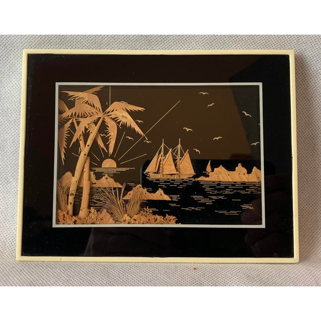 Ocean View Tropical Scene With Masted Ship Done in Cork Within a Celluloid Faux Ivory Frame For Sale - Image 9 of 9