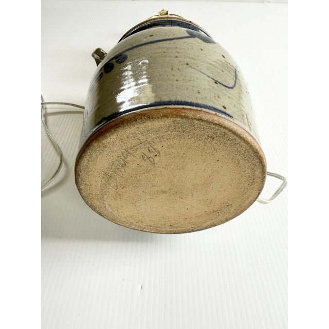 Vintage 1988 Signed Pottery Crock Table Lamp, Cobalt Blue Leaves & Details With Ear Handles For Sale - Image 16 of 18
