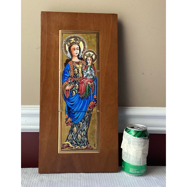 Vintage Orthodox Icon Infant of Prague Hand Painted Tiles on Wooden Wall Plaque For Sale - Image 4 of 12