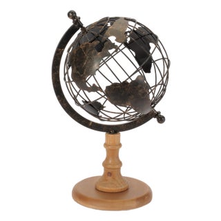 Iron Globe with Natural Wood Base 14.5"H For Sale