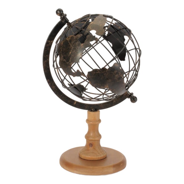 Iron Globe with Natural Wood Base 14.5"H For Sale