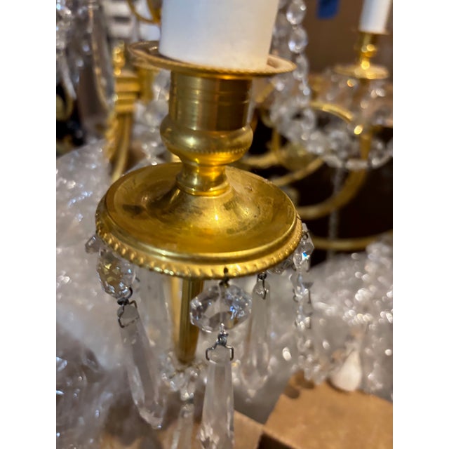 Pair of 6 light French style brass and crystal chandeliers For Sale In New York - Image 6 of 13