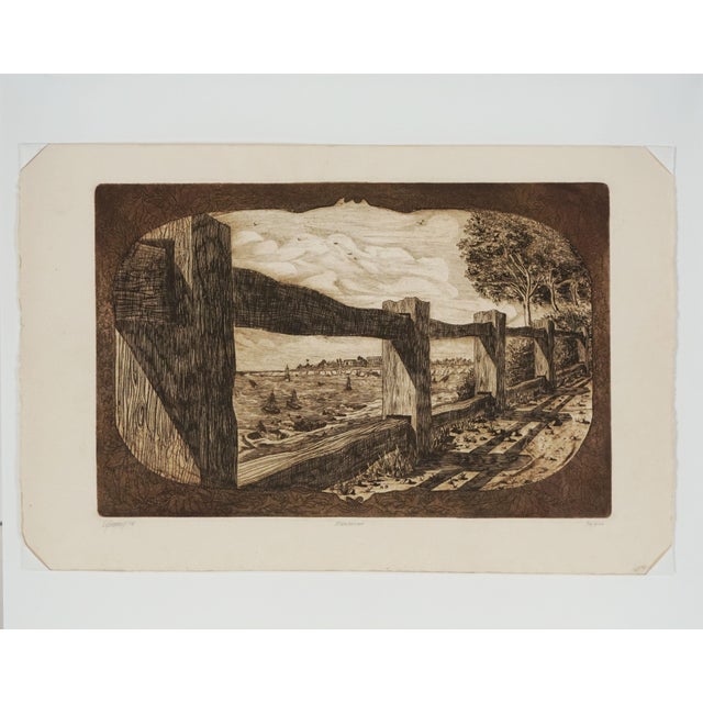 Vintage Northern California Coast Etching of Mendocino. Beautiful Northern California coastal town Mendocino is the scene...