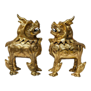 Vintage Pair of Solid Brass Japanese Foo Dog Kirin Censor Incense Burners