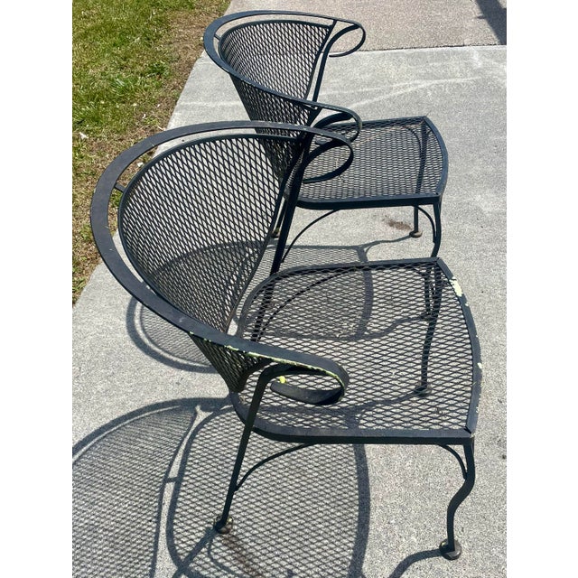 Russell Woodard Mid 20th Century Wrought Iron Russell Woodard Pinecrest Barrel Back Mesh Pair of Chairs For Sale - Image 4 of 12