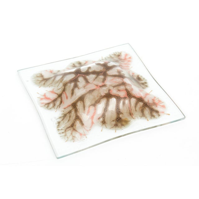 Vintage Signed Higgins Fused Glass Square Tree Branches Bowl Brown, Coral, Gold MCM For Sale - Image 9 of 10
