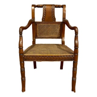 Vintage Regency Style Carved Mahogany Armchair With Mint Condition Cane For Sale