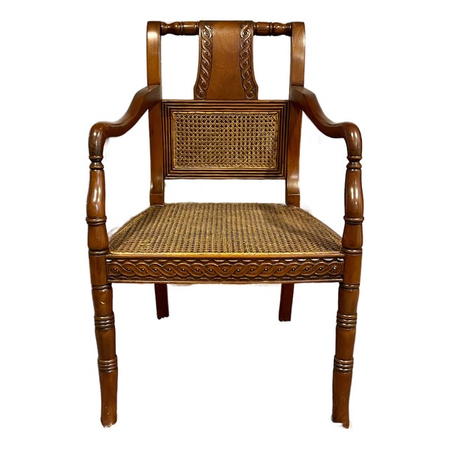 Vintage Regency Style Carved Mahogany Armchair With Mint Condition Cane For Sale