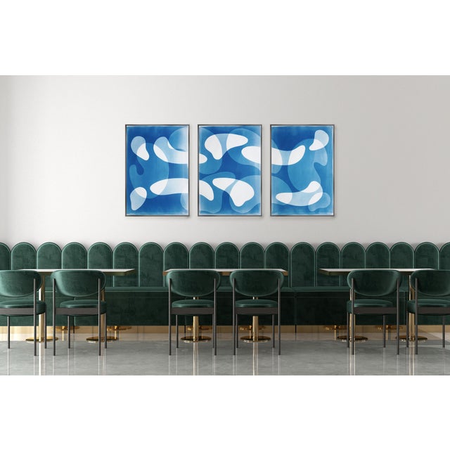 2025, Abstract Modern Shapes, Large Triptych in Blue Tones, Blue Floating Mobile, Unique Cyanotype Monotype on Watercolor Paper For Sale In Miami - Image 6 of 11