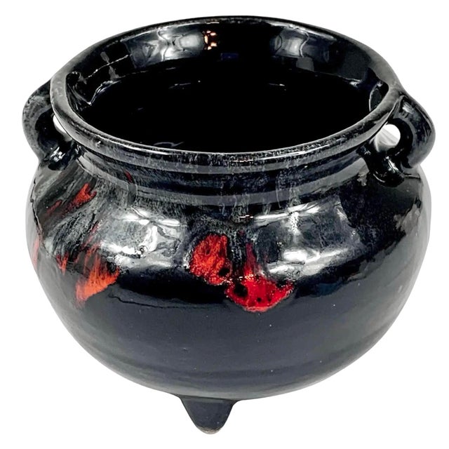 Vintage 1980s Cherokee Pottery Cauldron Bowl With Red Drip Glaze For Sale