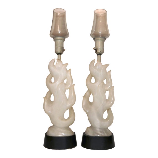 Share Large Pair of Antique Hand Carved Alabaster Stone Wood Flame Fire Table Lamps For Sale