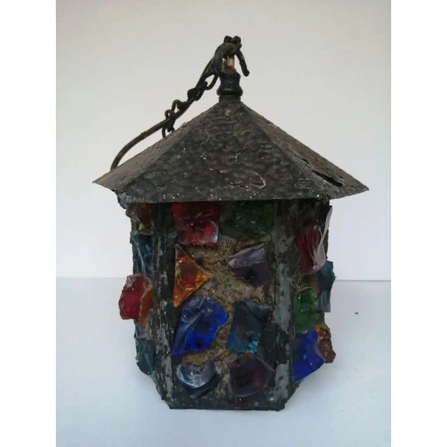 English Arts & Crafts Glass, Lead & Hammered Sheet Metal Porch Lantern by Peter Marsh, 1950s For Sale - Image 9 of 18