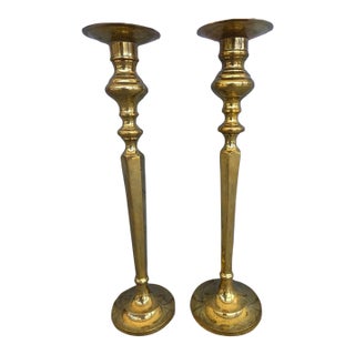 Vintage Indian MCM Solid Brass Candlesticks – 14.5” - Set of 2 For Sale
