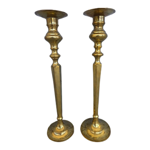 Vintage Indian MCM Solid Brass Candlesticks – 14.5” - Set of 2