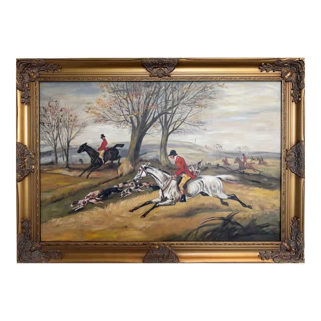 Large Fox Hunting Oil Painting Horse Rider Equestrian Scene English Sporting Art For Sale