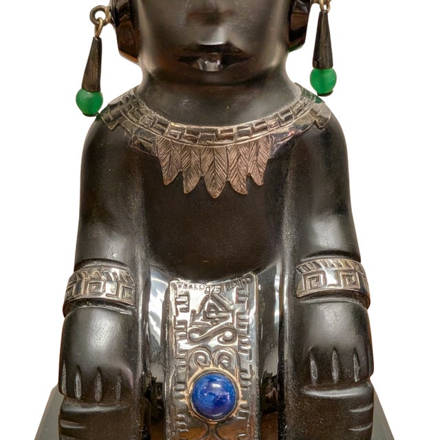 Metal Vintage Mexican Sterling Silver 925 Obsidian, Lapis Lazuli & Malachite Aztec Figure Sculpture For Sale - Image 7 of 7