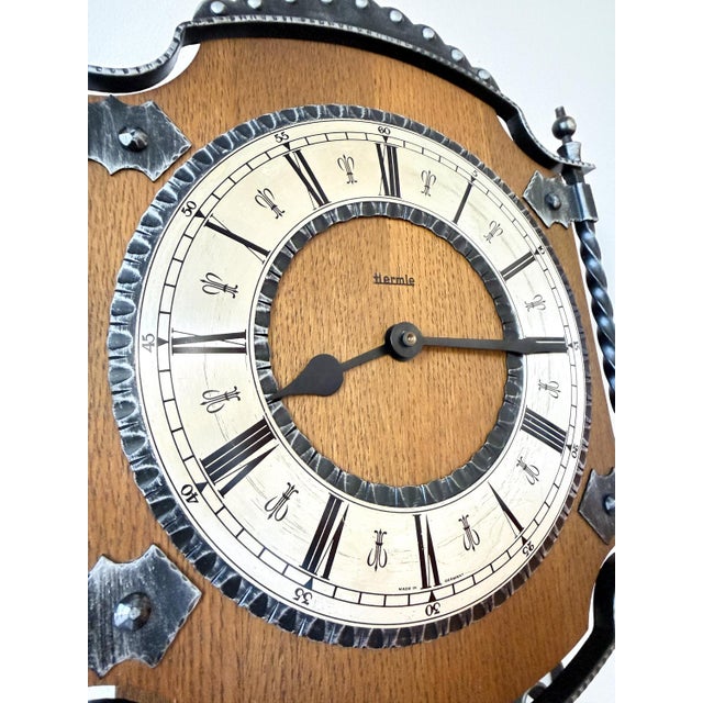 Vintage Hermle Wall Clock with Oak Case and Forged Metal Frame, 1960s For Sale - Image 6 of 12