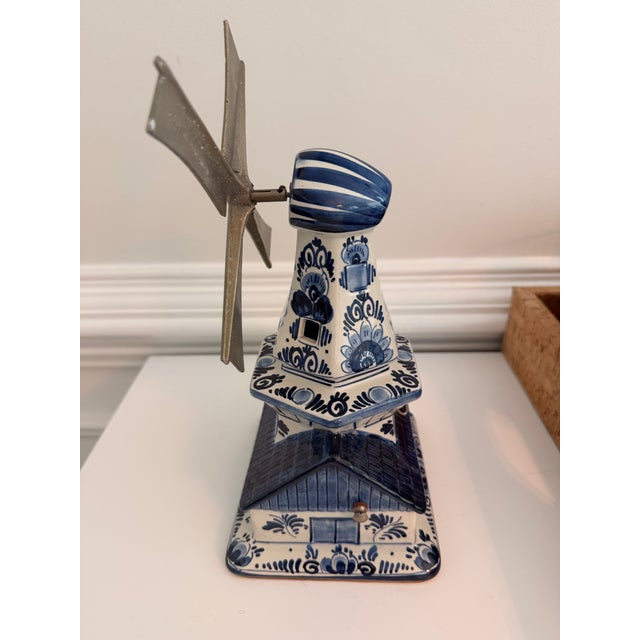 Rustic European Vintage Delft Blue Dutch Windmill Working Music Box | Hand-Painted Ceramic | Made in Holland | Pewter Sails For Sale - Image 3 of 9