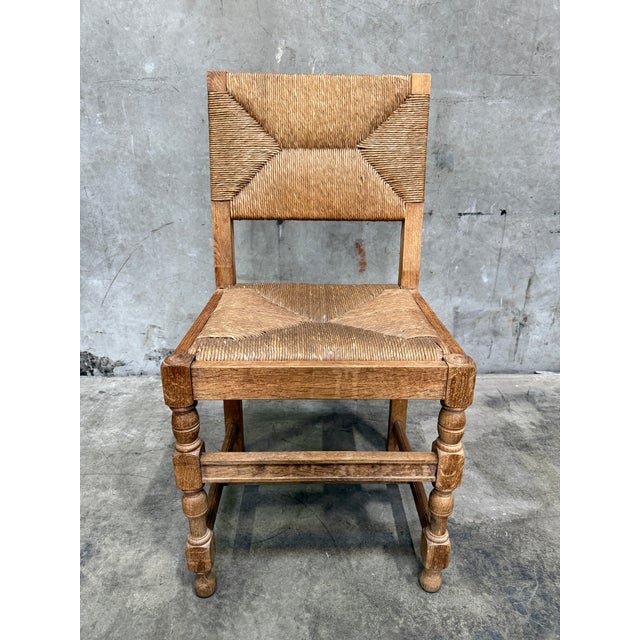 Vintage French Rush Seat Back Oak Dining Chairs Set of Four Bleached Farmhouse For Sale - Image 12 of 17
