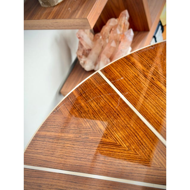 2020s Made Goods Novak Entryway Table in Teak Gloss and Faux Bone Inlay Mid-Century Style Round Pedestal Entry Table For Sale - Image 5 of 12