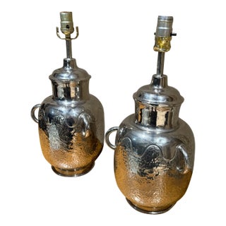 Decorative Pair Hammered Metal Table Lamps Polished Chrome Finish For Sale