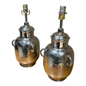 Decorative Pair Hammered Metal Table Lamps Polished Chrome Finish