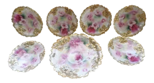 Antique RS Prussia Deep Pink Peonies and Gold Accented Porcelain Cake Set of 7