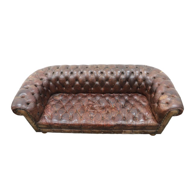 Beautifully patinated vintage brown leather sofa 7 feet by 36” deep by 31” high . Lots of age and needs support restoration.