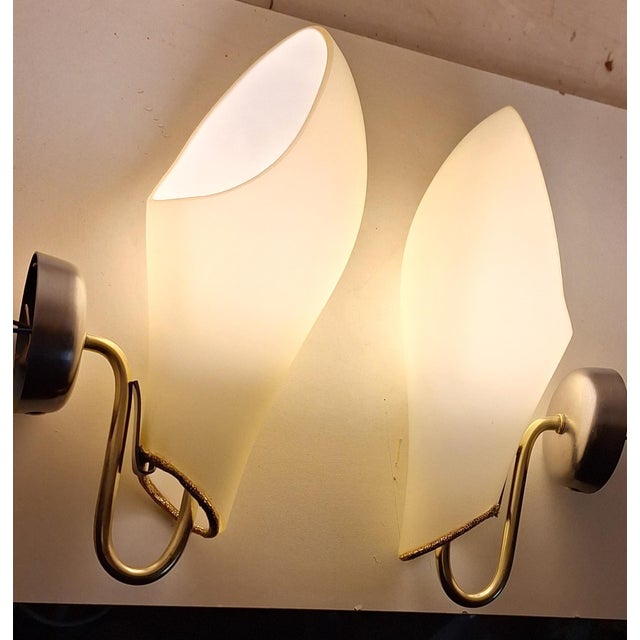 Metal Mid-Century Wall Lamps with Cream-Colored Glass Shades on Metal Mounts1950s, Set of 2 For Sale - Image 7 of 17