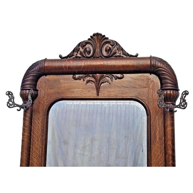 Late 19th Century Monumental Antique American Tiger Oak Hall Tree With Mirror & Lift-Top Seat, C. 1890s For Sale - Image 5 of 18