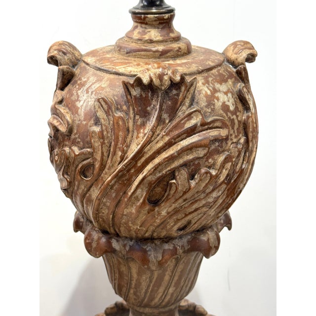 Pair of Italian Baroque Style Carved & Polychromed Wood Urns, Now as Lamps For Sale - Image 15 of 18