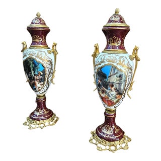 French-Style Burgundy Porcelain Vase Set of 2 – Hand-Painted Musical Scene With Gilded Bronze Swan Handles For Sale