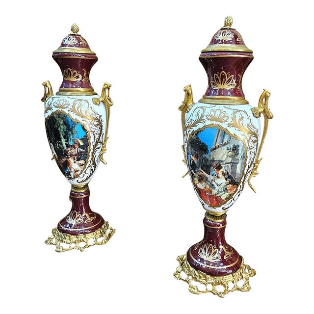 French-Style Burgundy Porcelain Vase Set of 2 – Hand-Painted Musical Scene With Gilded Bronze Swan Handles For Sale