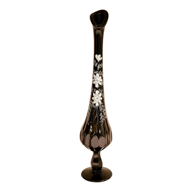 1960s Signed D Barbour Fenton Thumbprint Black Hand Painted Bud Vase For Sale