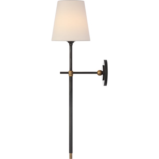 2020s Thomas O'Brien for Visual Comfort Signature Bryant 27" Cordless Tail Sconce in Bronze and Hand-Rubbed Antique Brass with Linen Shade For Sale - Image 5 of 13