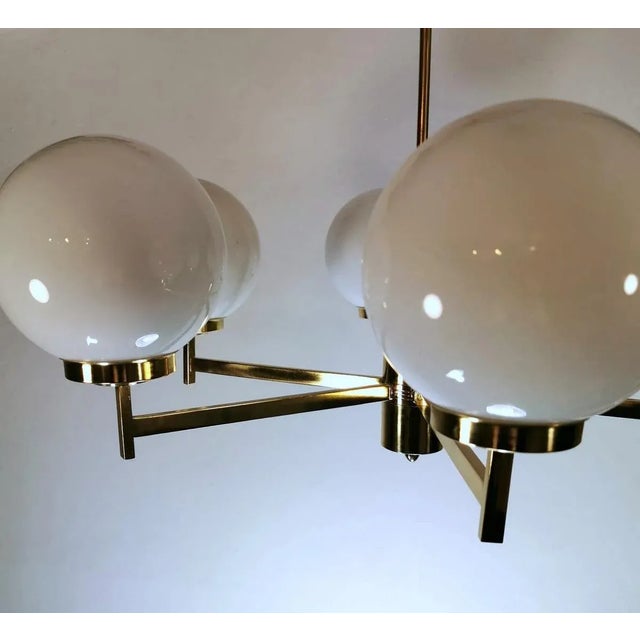 Metal Stilnovo Italian Vintage Brass Chandelier, Opaline Glass Spheres For Sale - Image 7 of 13