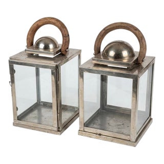 Traiditional Artisan Nickel-Finish Glass Lanterns With Driftwood Handles - a Pair For Sale