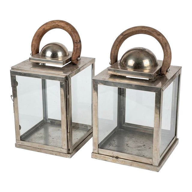 Traiditional Artisan Nickel-Finish Glass Lanterns With Driftwood Handles - a Pair For Sale