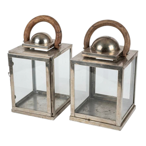 Traiditional Artisan Nickel-Finish Glass Lanterns With Driftwood Handles - a Pair